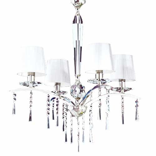 Araña 4 luces E14 cromo con caireles transparente/pantalla blanca